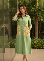 Pastel Green Shirt Dress with Printed Pocket Detail in Cotton