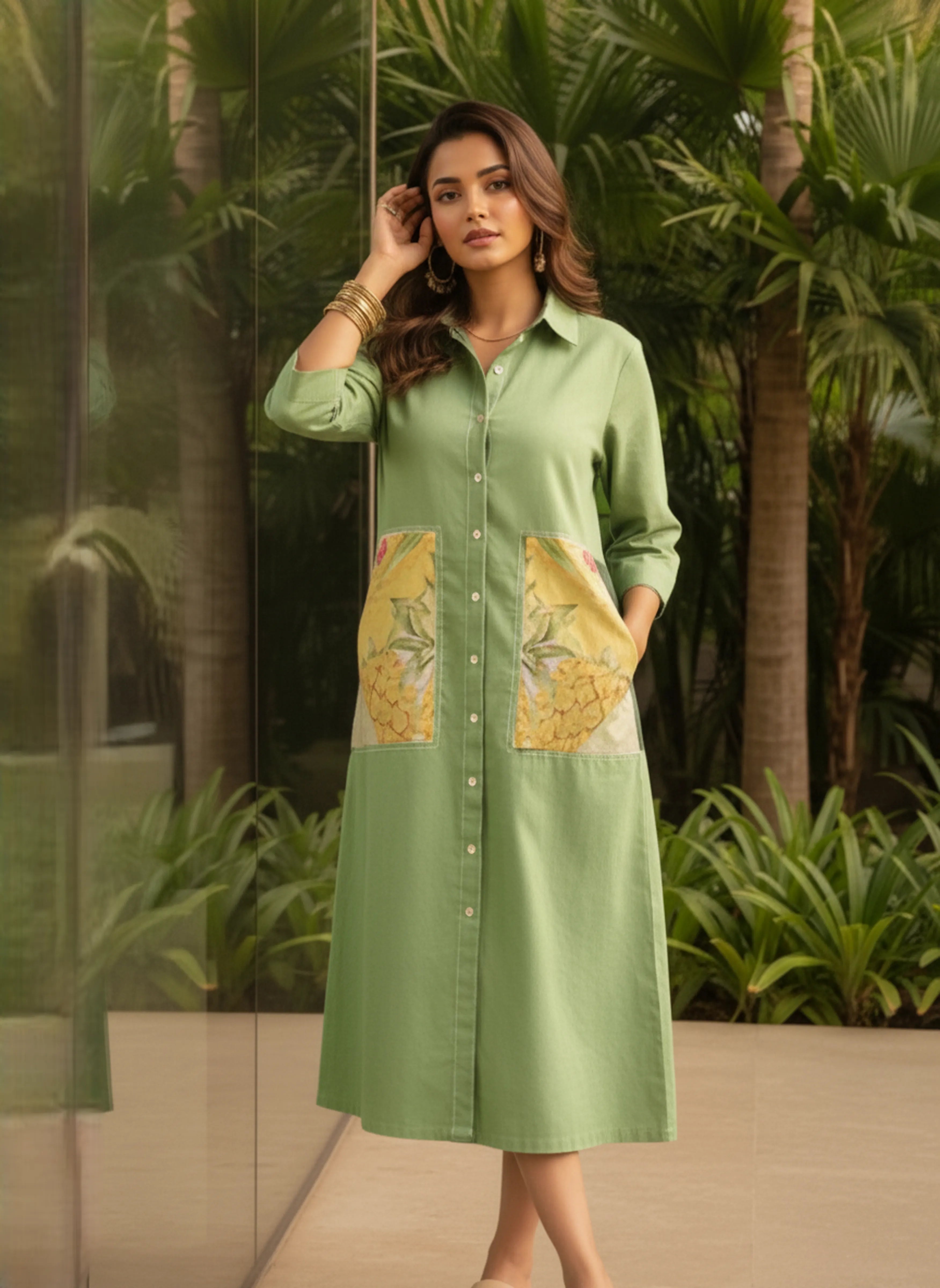 Pastel Green Shirt Dress with Printed Pocket Detail in Cotton