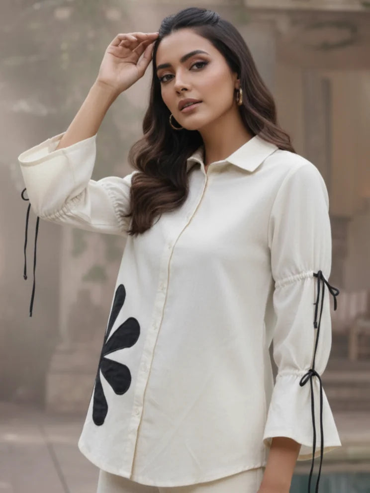 Organic Cream Shirt Top In Cotton Flex