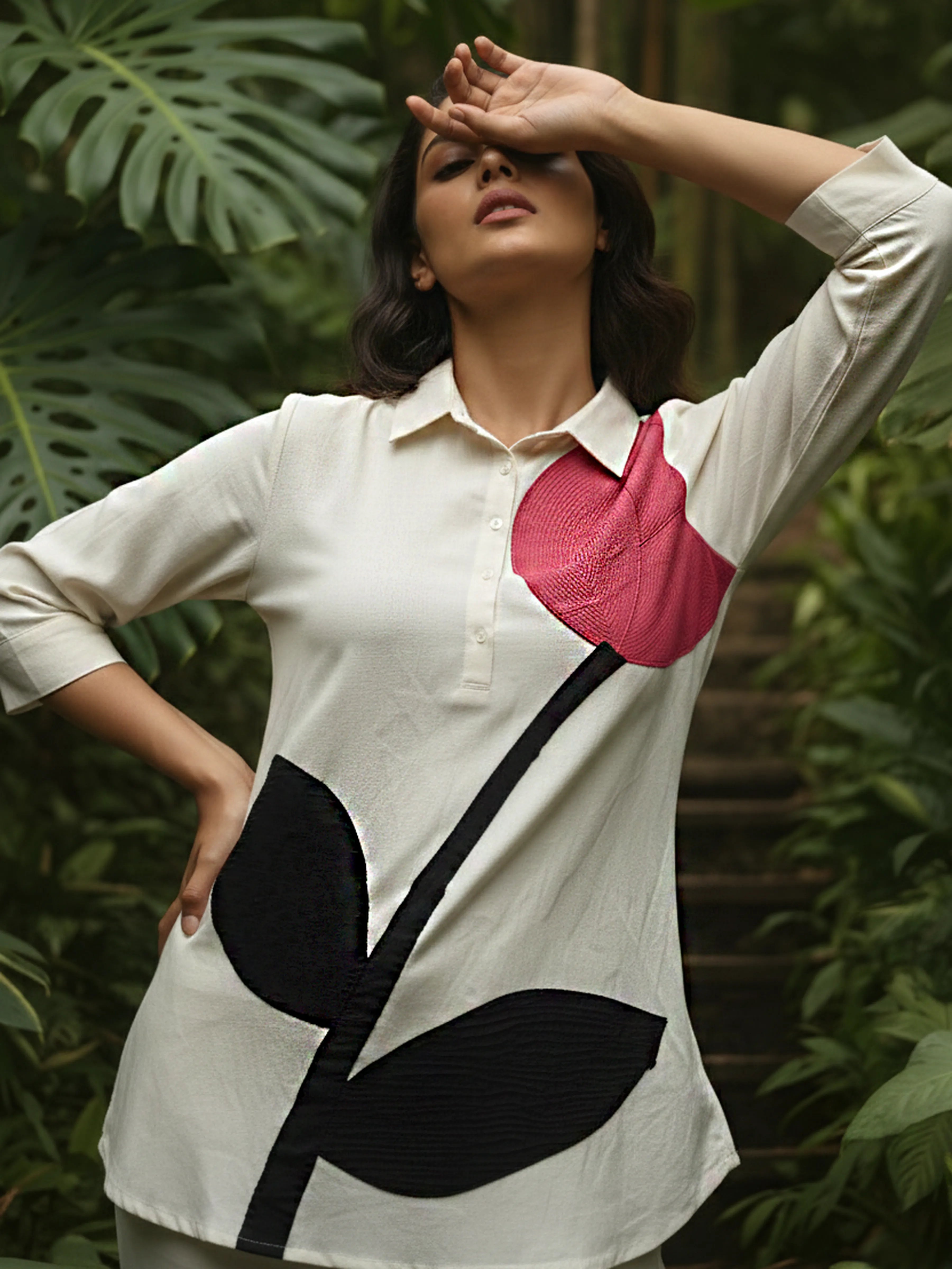Organic White Floral Appliqué Co-ord Set in Cotton Flex