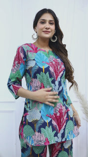 Tropical Collage Printed Cotton Kurta With Pant