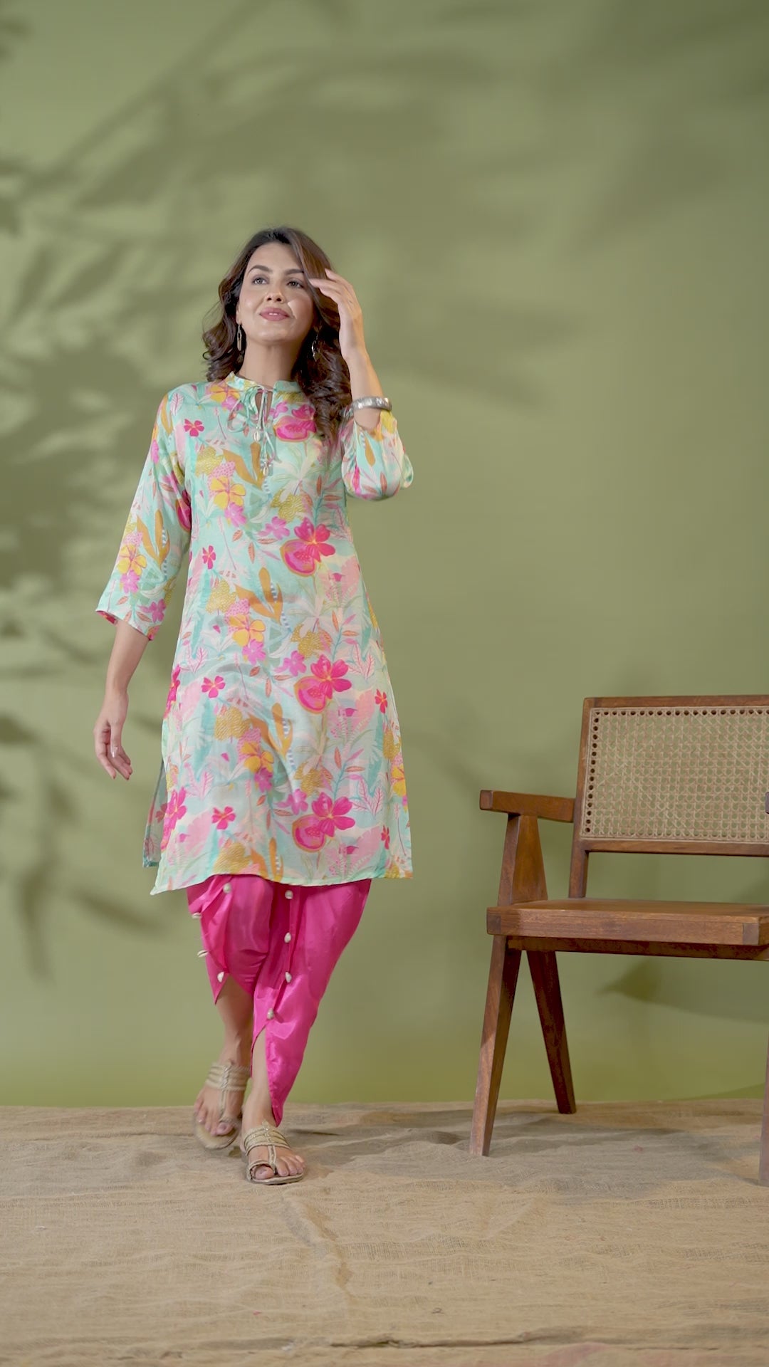 Mint Blue Floral Printed Tie Detail Kurta With Tulip Pants