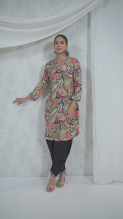 Multi Color Bold Leaf Printed Shawl Collar Kurta With Tulip Dhoti Pants