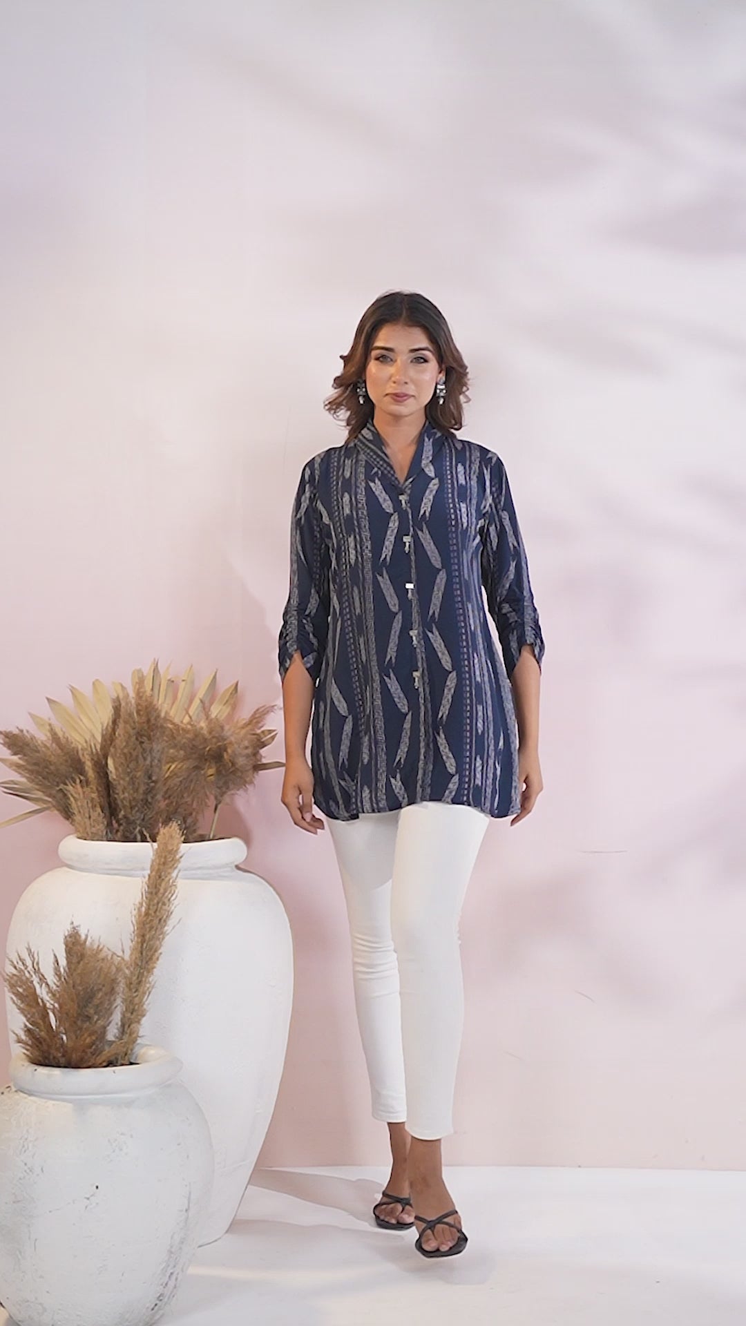 Navy Blue Ikat Printed Natural Crepe Kameez