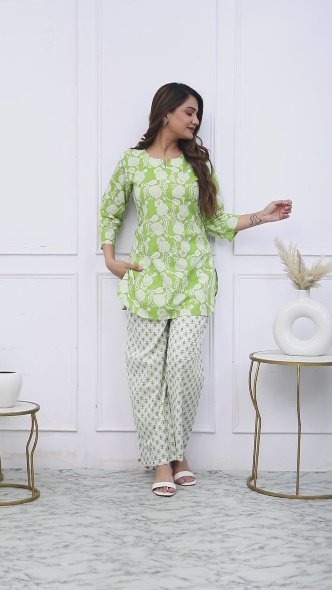 Sage Green Cotton Botanical Printed Kurta With Pant