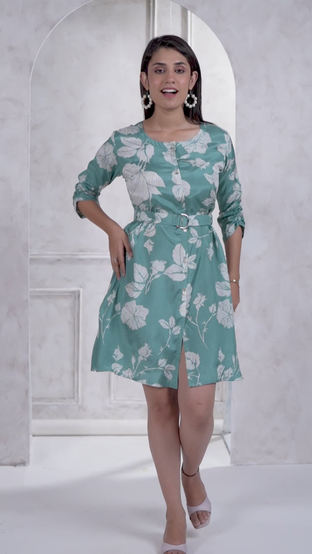 Aqua Green  Russian Silk Floral Print Mini Dress With Belt