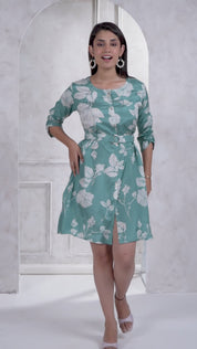 Aqua Green  Russian Silk Floral Print Mini Dress With Belt