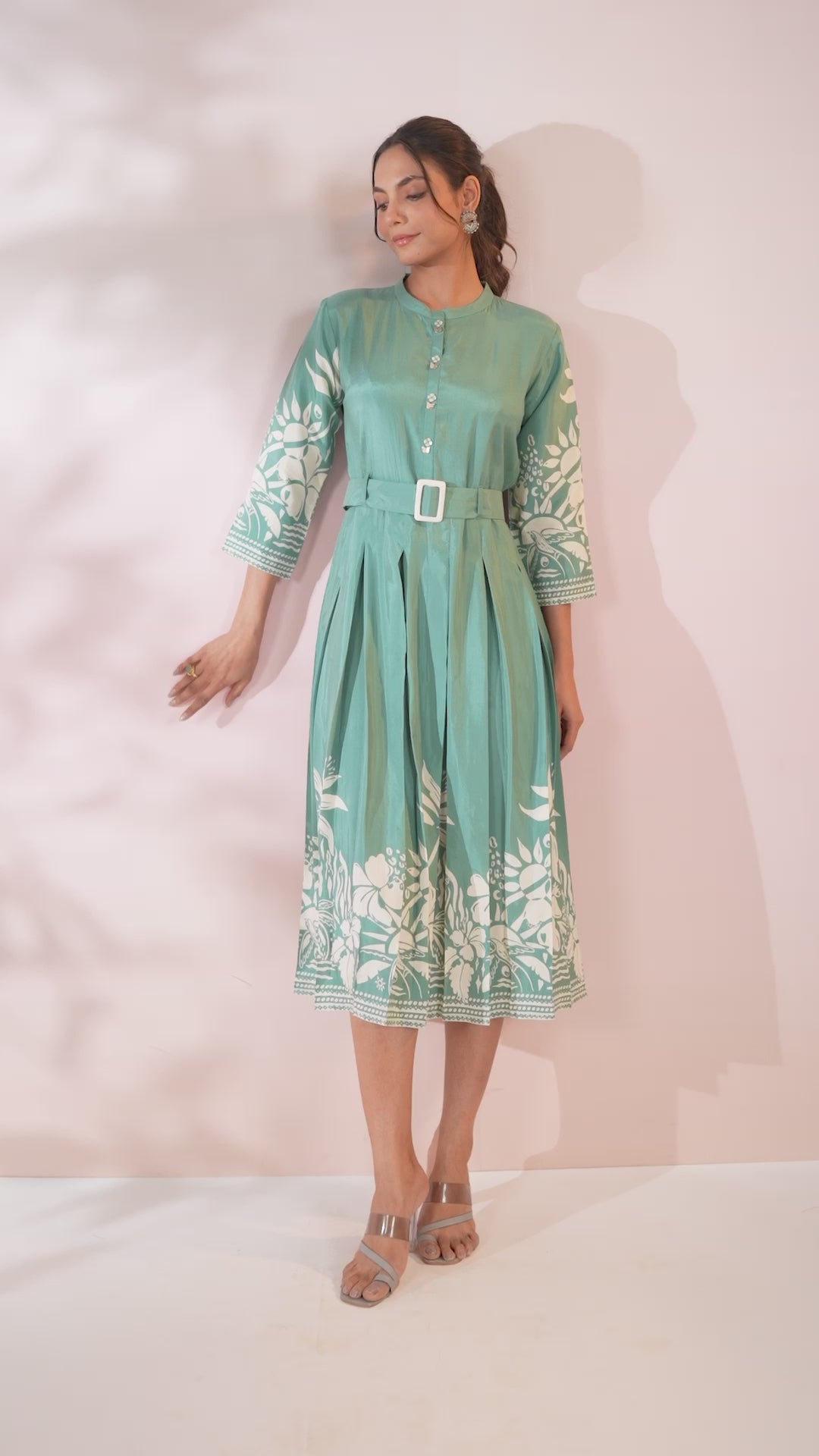 Sage Green Russian Silk Floral  Printed Midi Dress