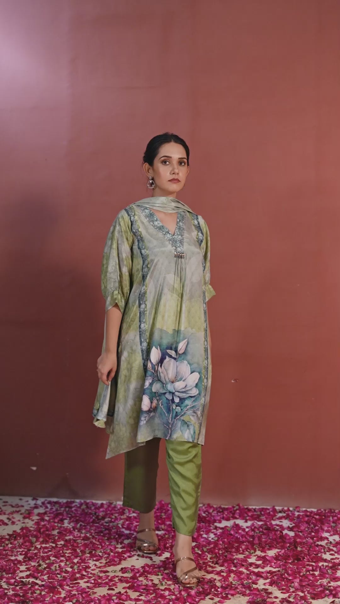 Sage Green Magnolia Flower Print  Viscose Silk Kurta Set