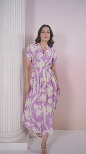 Purple Base With Cream Color Bold Flower Motif  Midi Dress