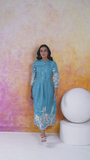 Aqua Blue With Cream Color Bold Flower Motif Midi Dress