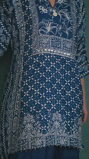 Blue Floral Abstract Dola Silk Printed Kurta Set