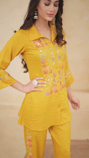 Mustard Chinnon Floral Embroidered  Co-Ord Set