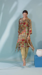 Multi Color Muslin Placement Print Shawl Collar Kurta With Tulip Dhoti Pants