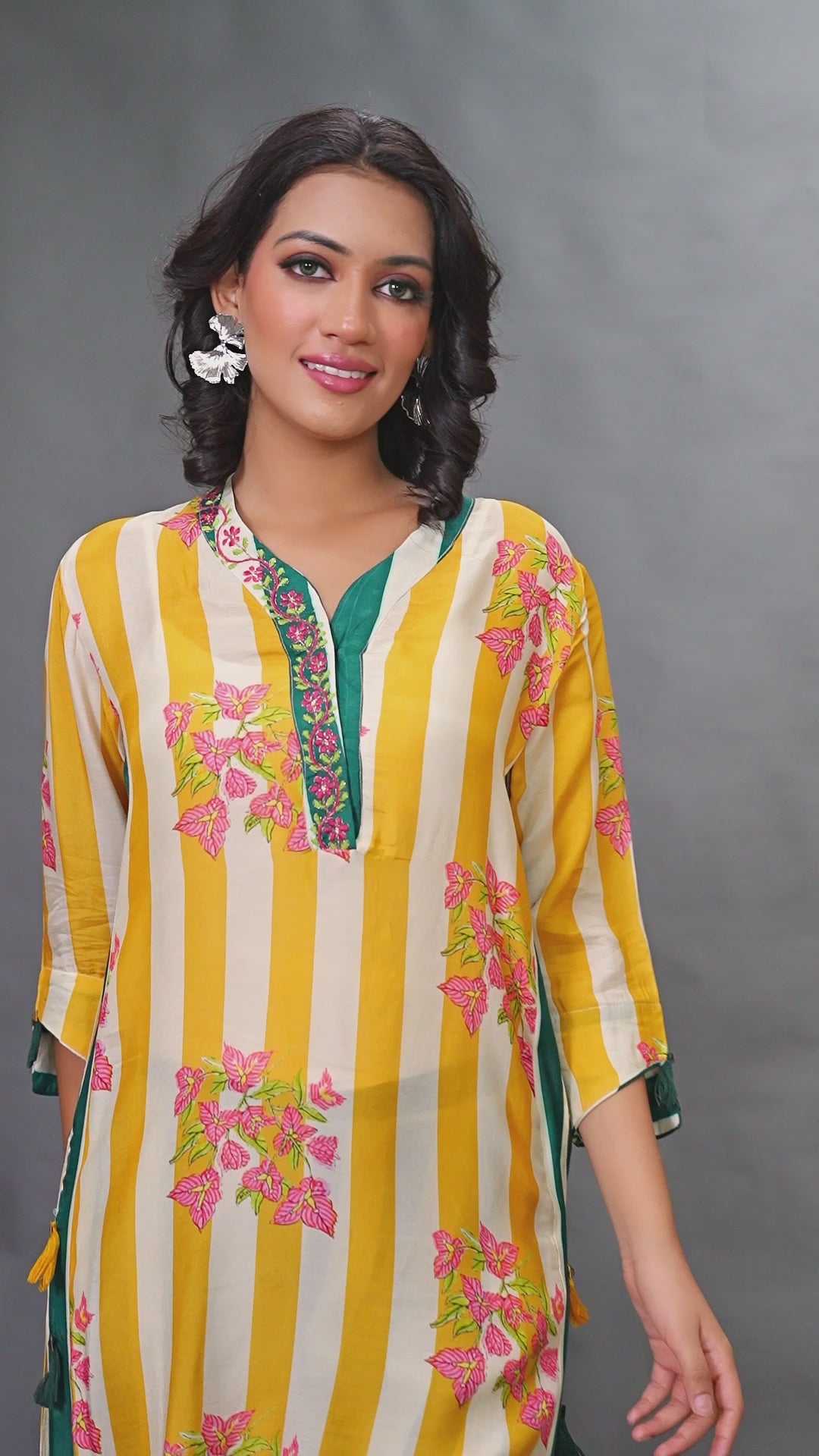 Yellow Stripe Bold Floral Printed Muslin Kurta Set