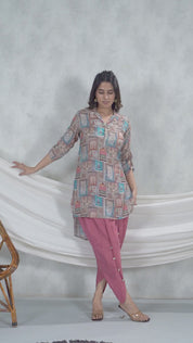 Jharokha Collage Printed High Low Shirt Style Muslin Tunic With Tulip Pants.