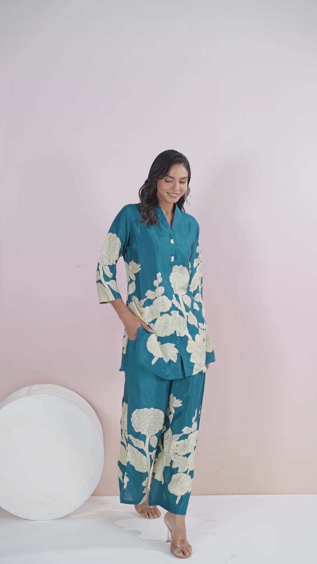 Teal Blue Bold Palm Russian Silk Print Co-Ord Set