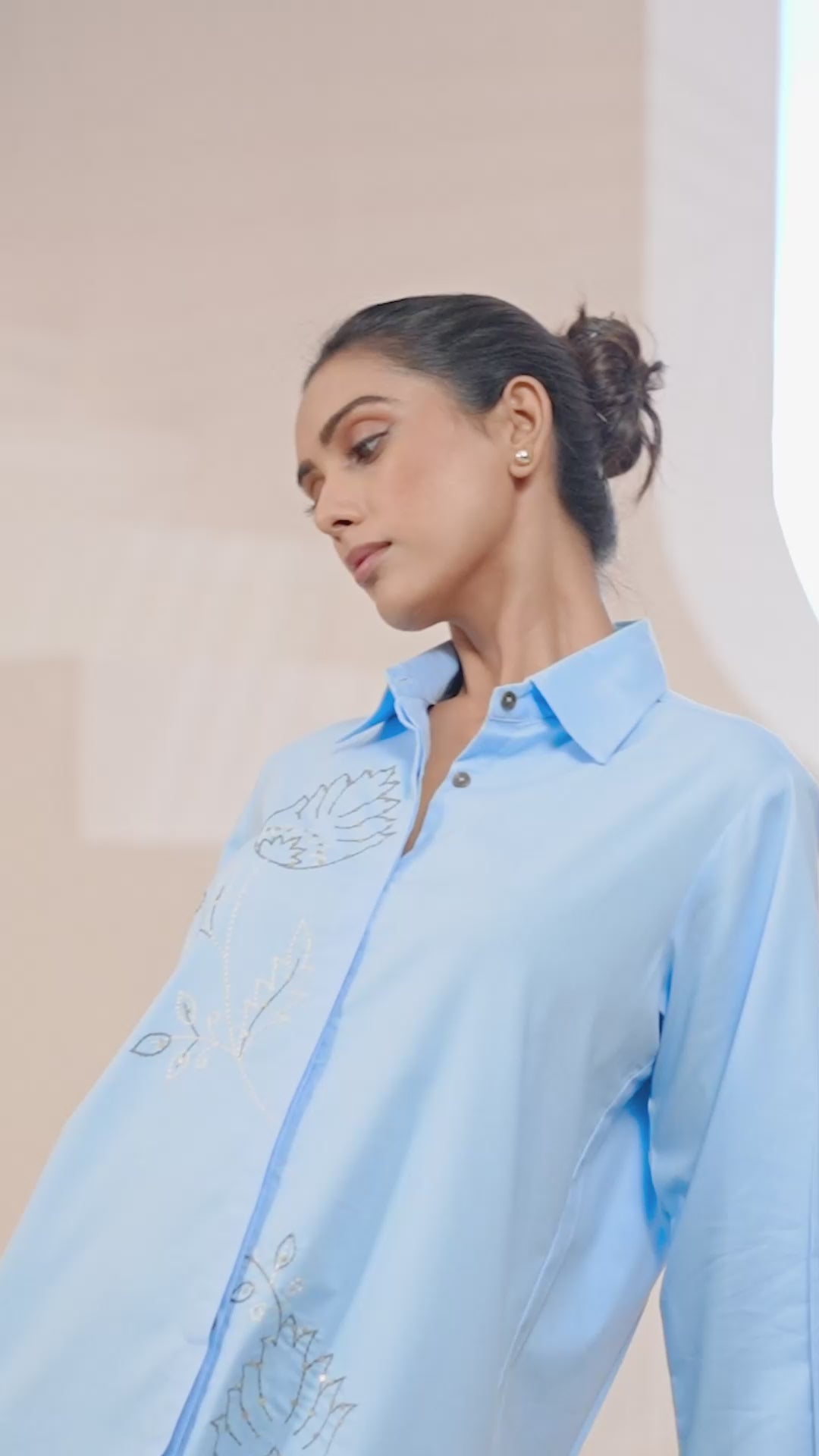 Powder Blue Cotton Twill Shirt with Thread Work Embroidery