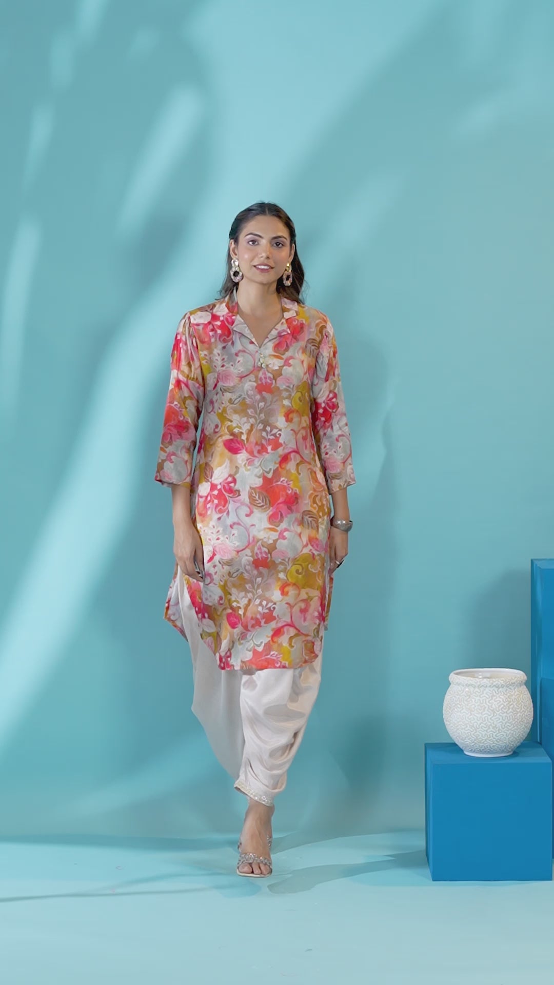 Multi-Floral Printed Muslin Shawl Collar Kurta with Tulip Dhoti Pants