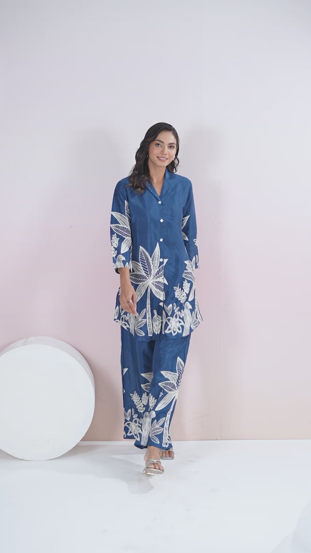 Blue Bold Palm Russian Silk Print Co-Ord Set