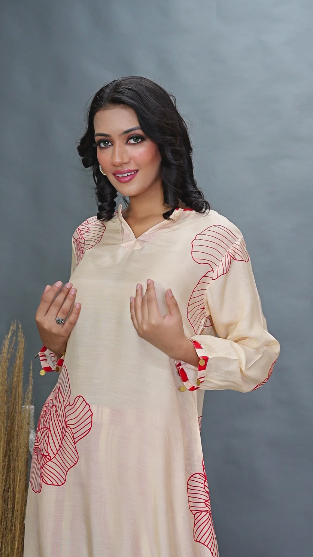 Cream Bold Red Floral Printed  Muslin Kurta Set