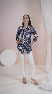 Navy Blue Base Cream Color abstract print Russian Silk Tunic