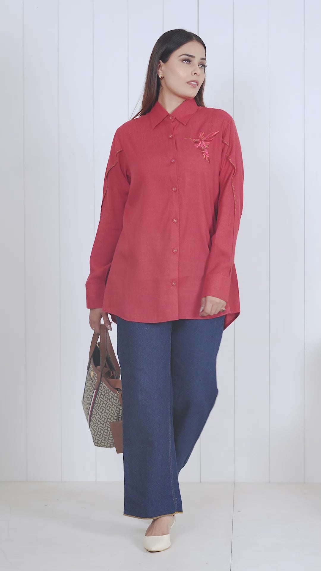 Red Linen Shirt With Thread Work Embroidery