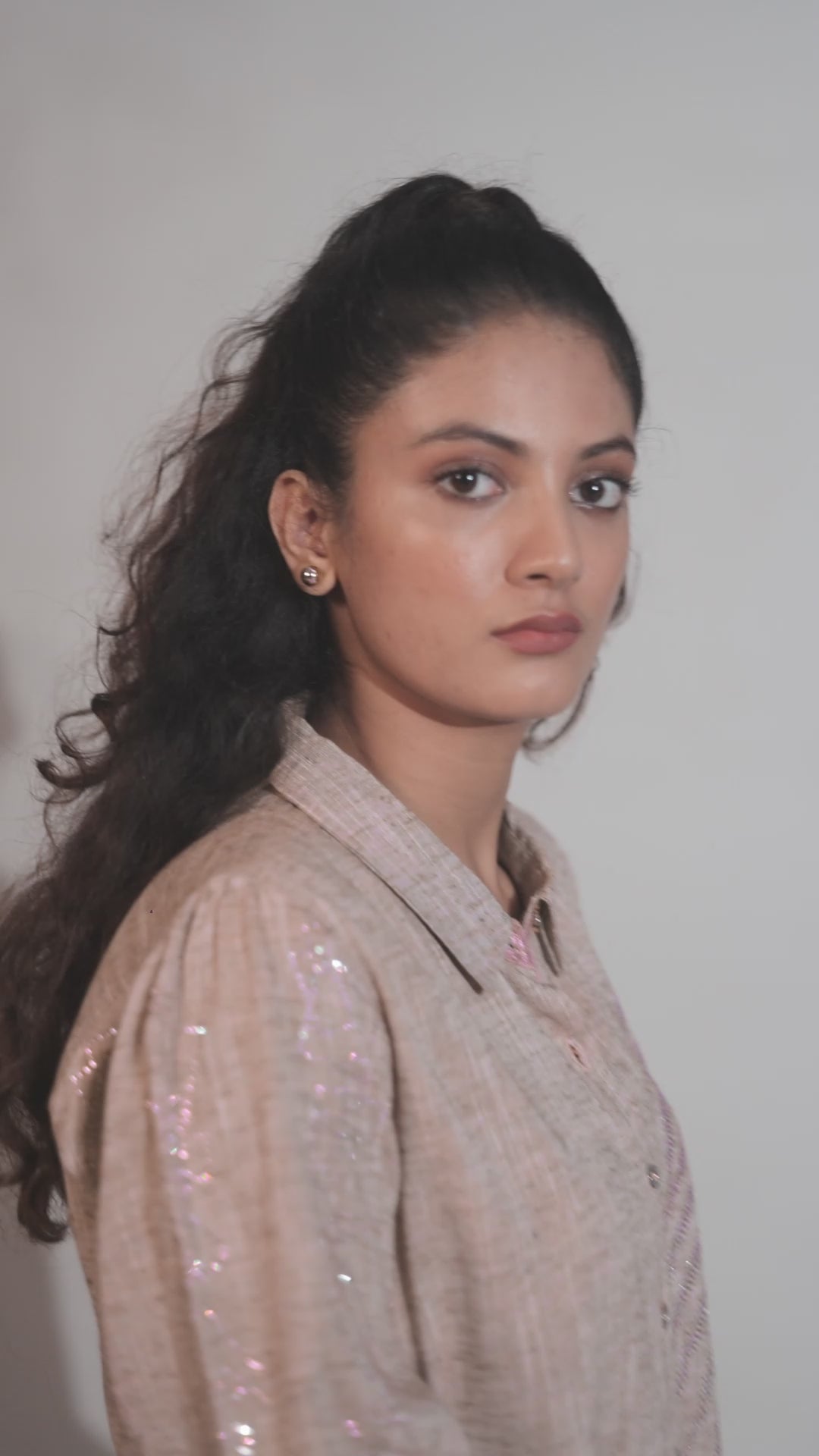 Beige Cotton Khadi Shirt with Fern Leaf Rhinestone Detailing