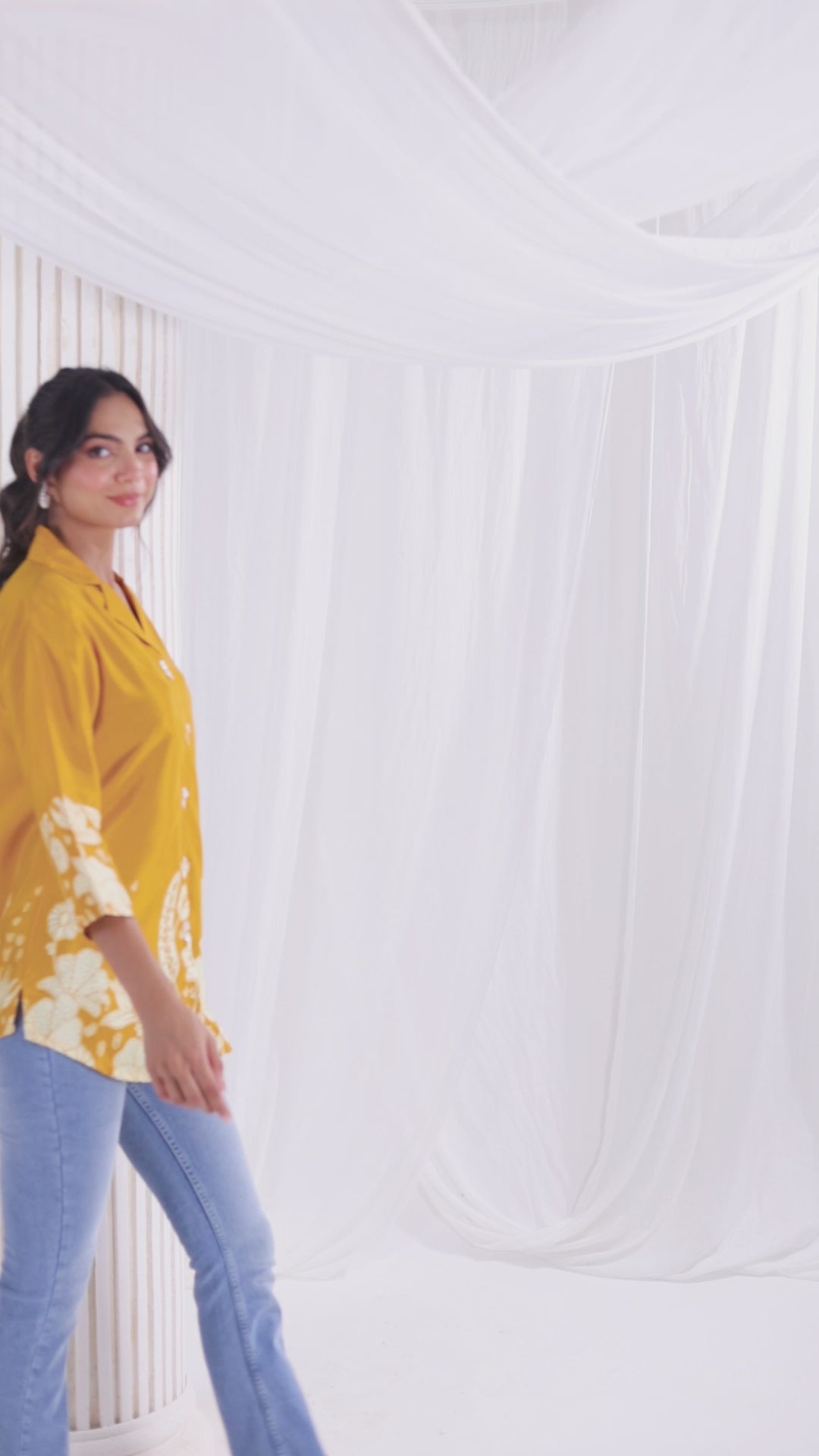 Mustard Floral Printed Russian Silk Top