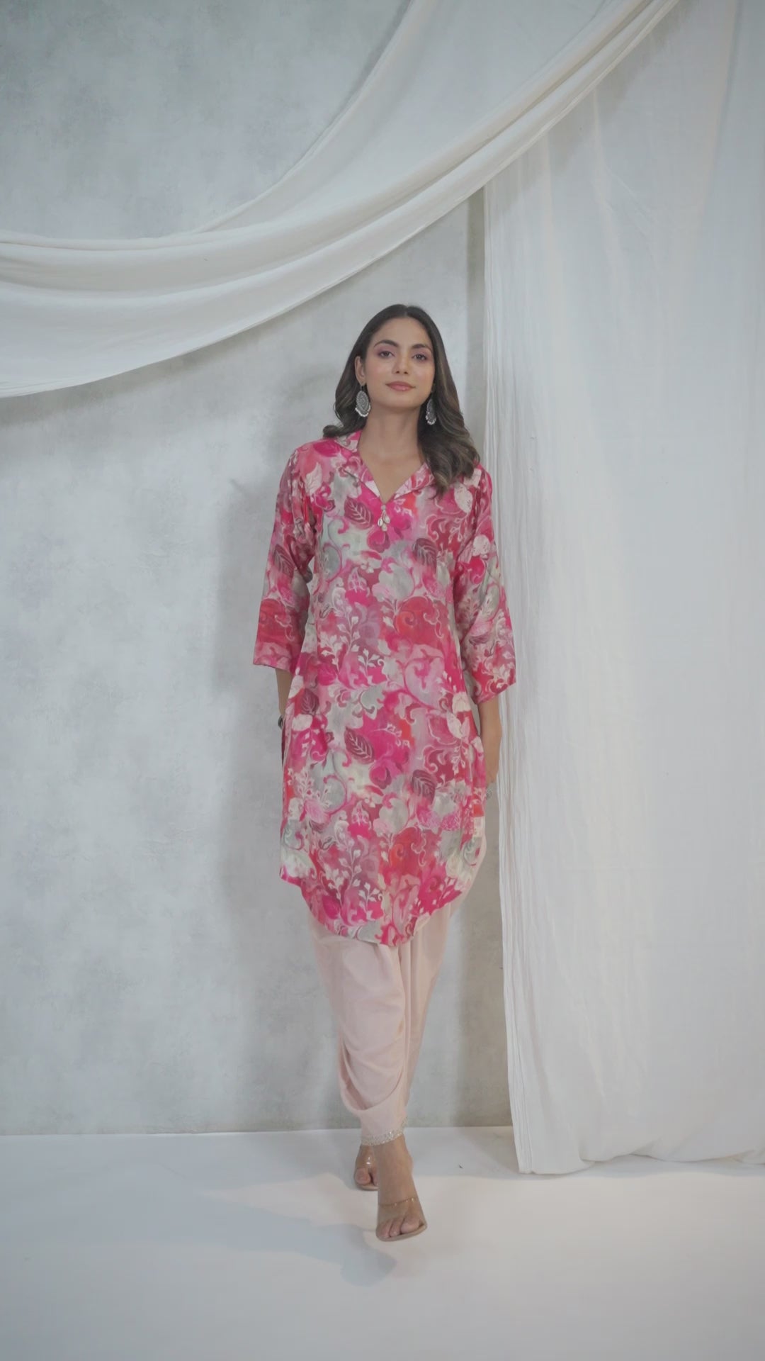 Pink Floral Printed Muslin Shawl Collar Kurta with Tulip Dhoti Pants