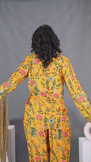 Mustard Yellow Floral Embroidered Printed Muslin Co-ord Set