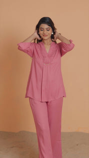 Pink Color Pleated Front  Rayon Co-Ord Set