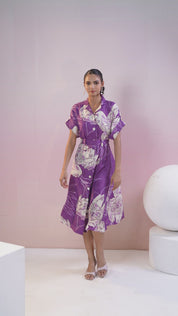 Purple Abstract Printed Bold Flower Motif Russian Silk Midi Dress