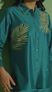 Teal Blue Palm Leaf Embroidered Cotton-Modal Co-Set