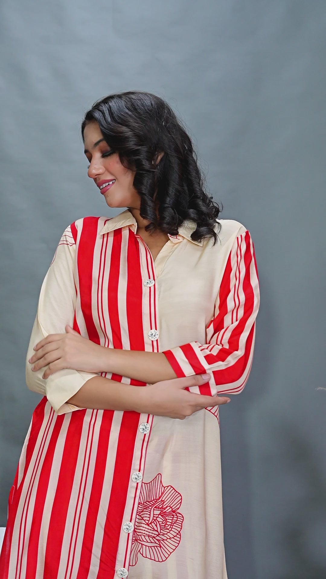 Cream Bold Red Floral Printed  Front Stripe  Muslin Kurta Set