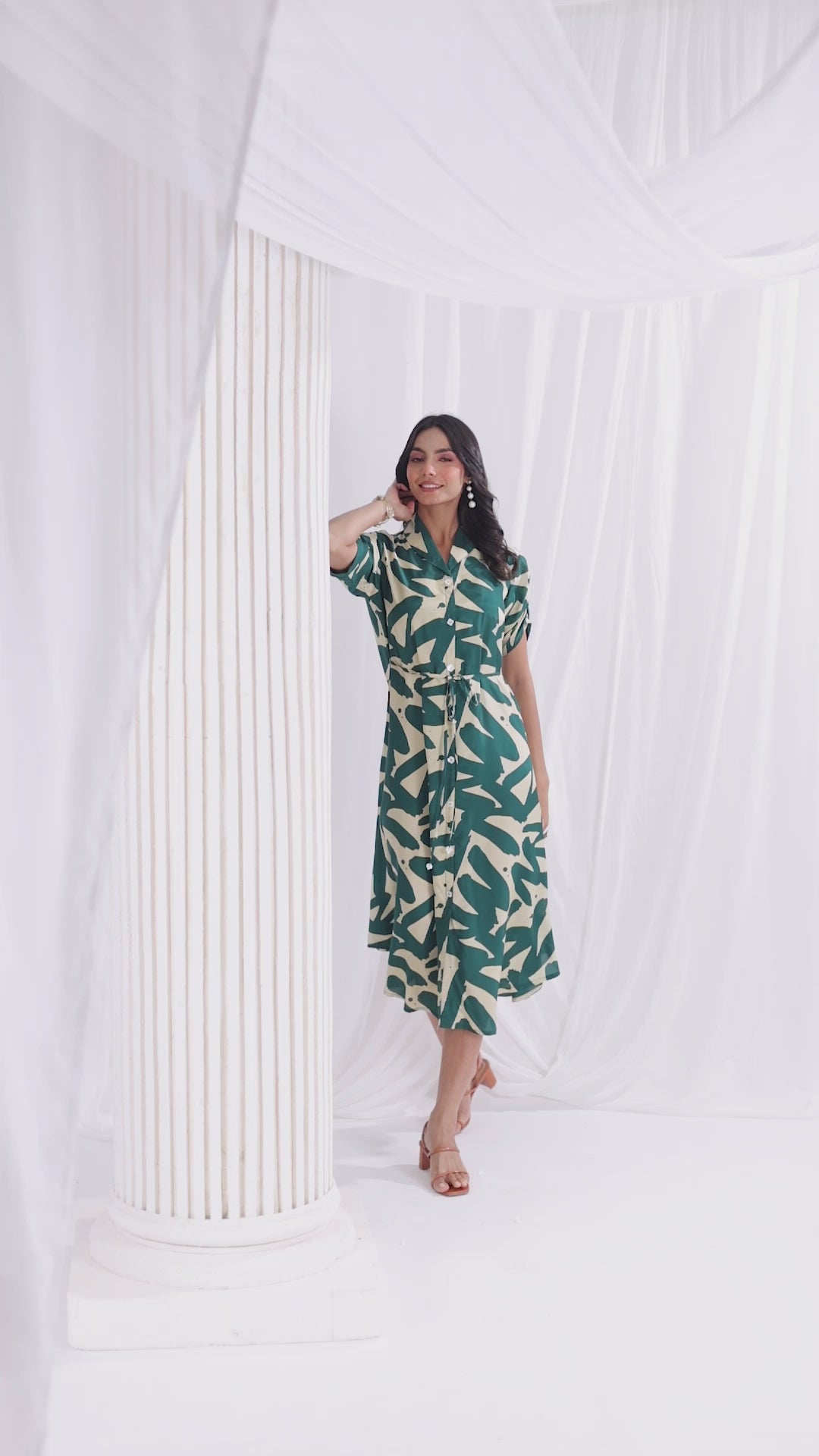 Green Russian Silk Floral Printed Midi Dress