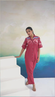 Red Floral Twist Thread Embroidery Work Viscose Flex Tunic Shirt and Pant Co-ord Set