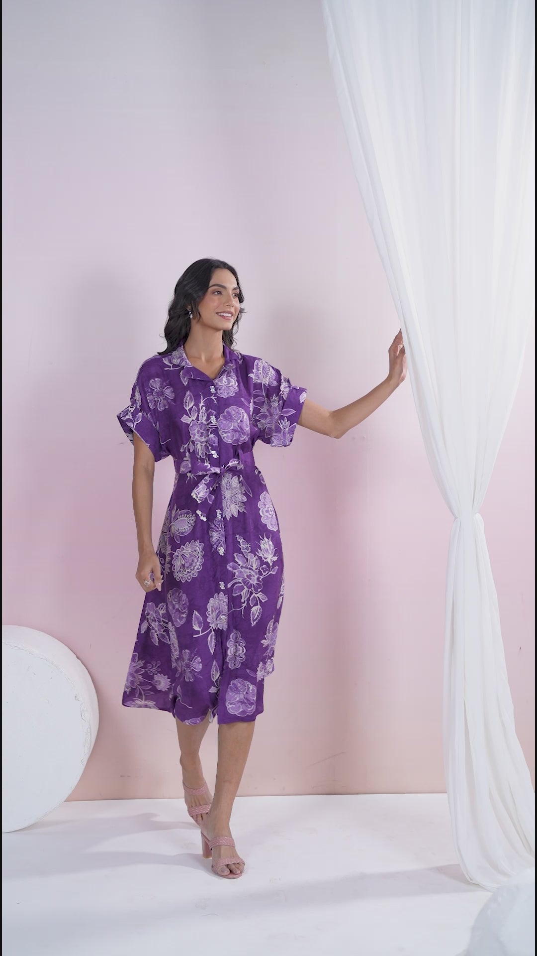 Purple Abstract Printed bold flower motif Russian Silk Midi Dress