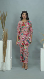 Baby Pink Cotton Floral Printed Kurta With Pant