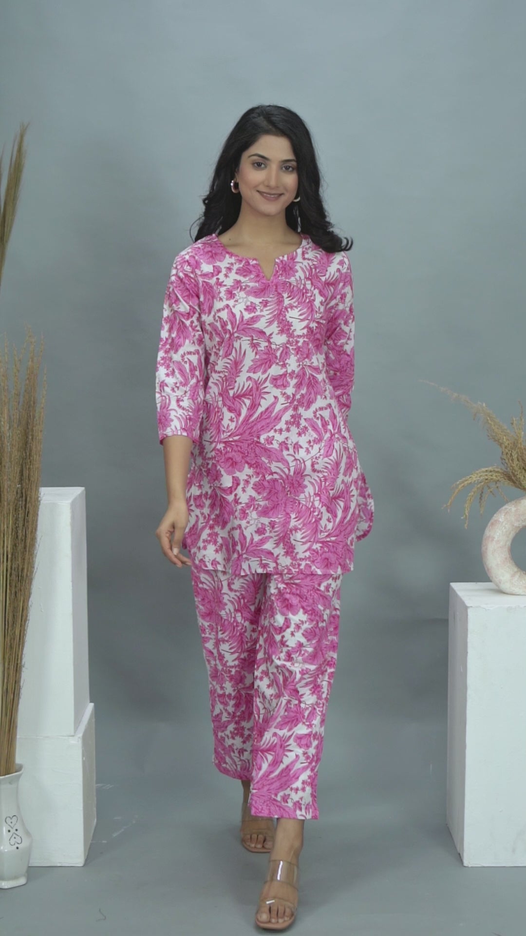 Pink Floral Printed Cotton Kurta With Pant