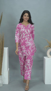 Pink Floral Printed Cotton Kurta With Pant