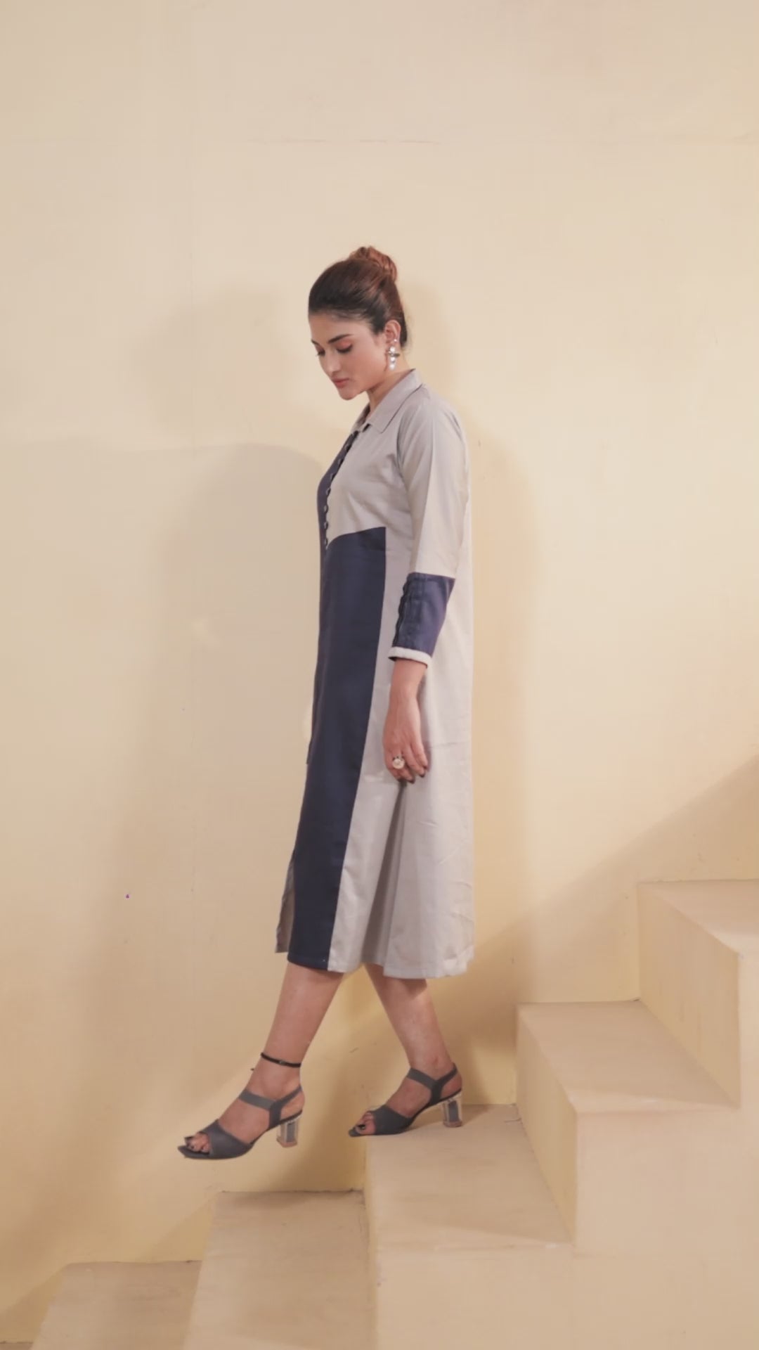 Blue and Grey Color-Blocked  Poplin A-Line Dress