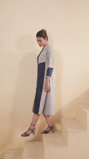 Blue and Grey Color-Blocked  Poplin A-Line Dress