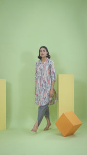 Grey Abstract Printed Shawl Collar Kurta With Embellished tulip dhoti pants