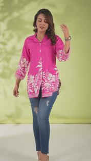 Hot Pink Floral Printed Russian Silk Top