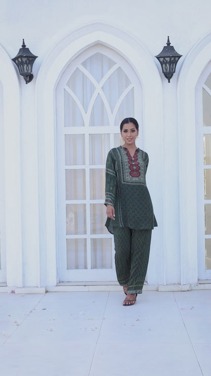 Dark Green Embellished Tunic With Trouser