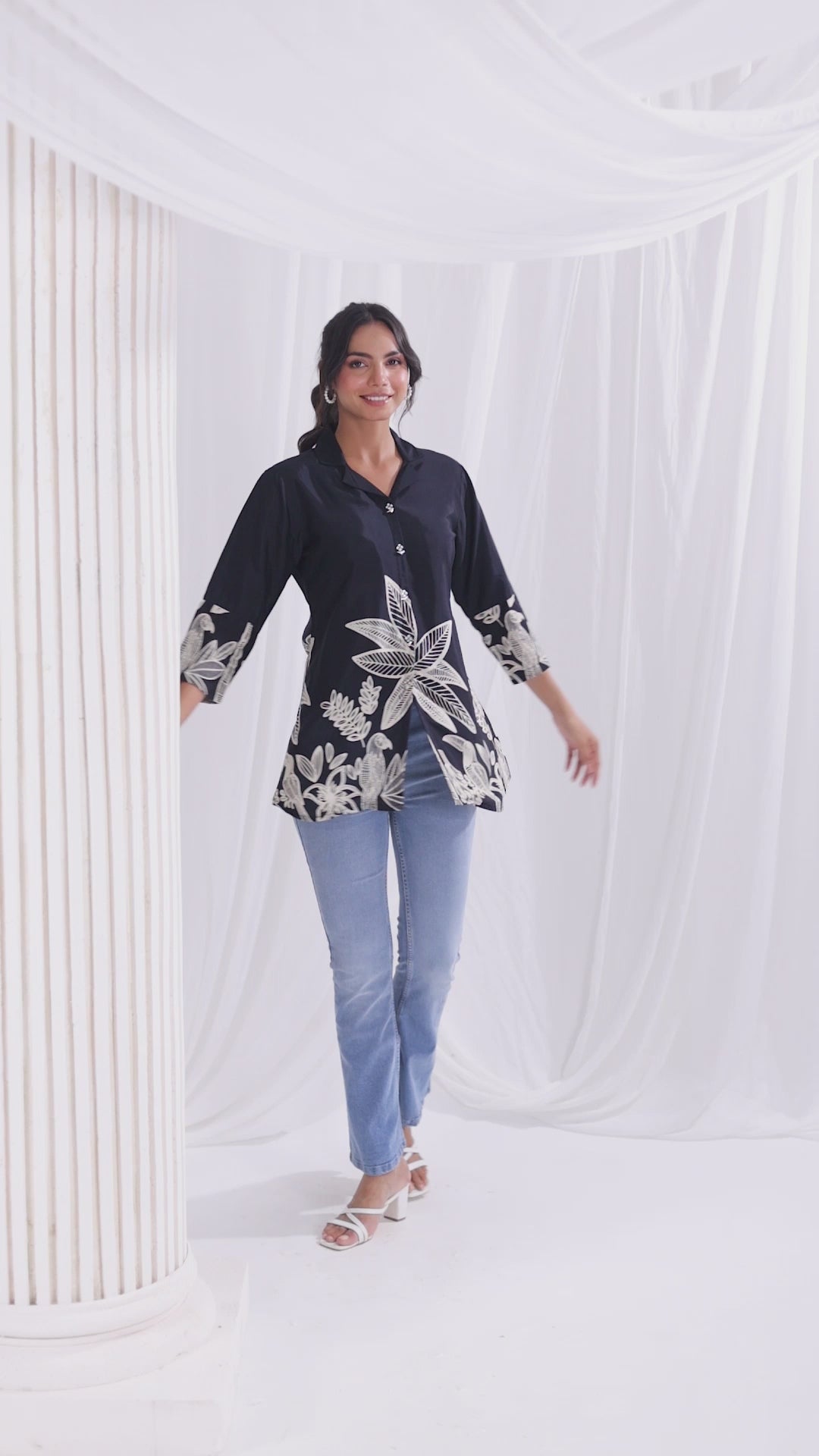 Black Floral Print Russian Silk Tunic