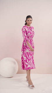 Hot Pink Russian Silk Floral  Printed Midi Dress