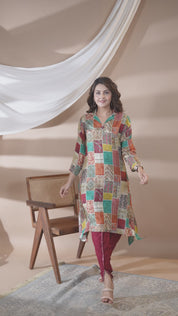 Multi Color Patch Printed Shawl Collar Kurta With Tulip Dhoti Pants