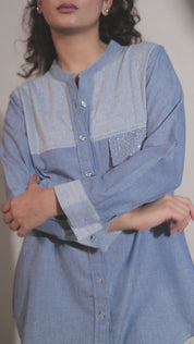 Blue Cotton Dobby Weave Shirt with Rhinestone Accents